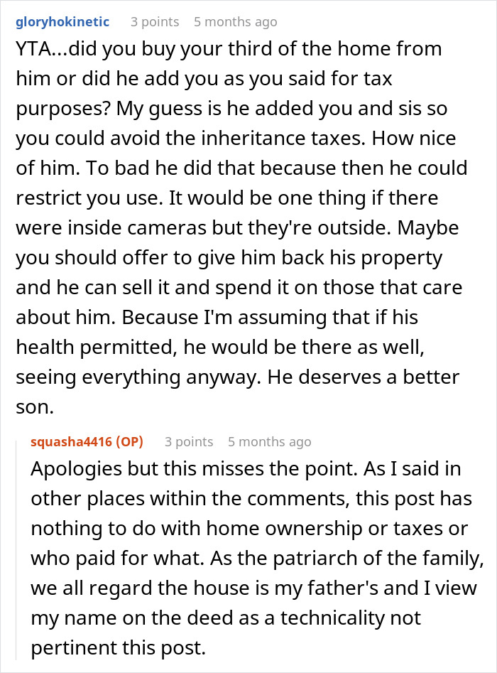 Reddit comments debating turning off vacation house security cameras for privacy concerns.