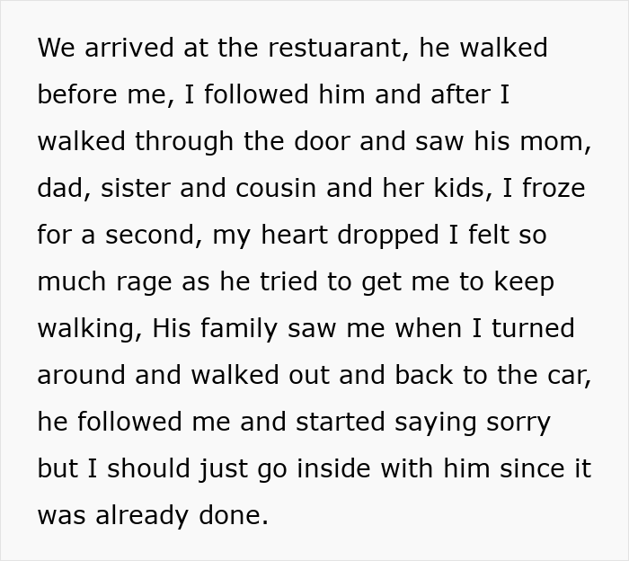 Text describing anniversary dinner conflict between a husband, his wife, and his family at a restaurant.