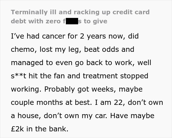 22-year-old with terminal illness discusses life and credit score, reflecting on limited time left.