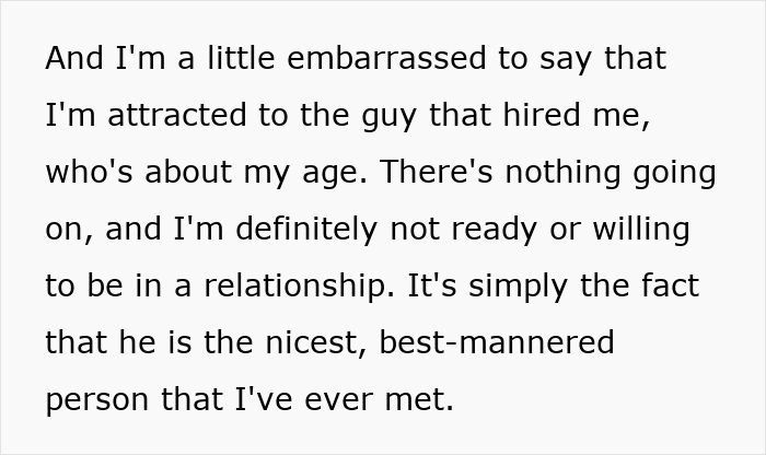 Text excerpt about attraction to a kind co-worker, with uncertainty about readiness for a relationship and feelings of embarrassment. Text excerpt about attraction to a kind co-worker, with uncertainty about readiness for a relationship and feelings of embarrassment.