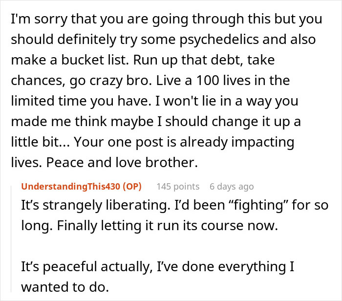Reddit conversation about living life fully; mentions taking advantage of a good credit score.