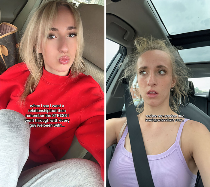 Person showing contrast between looking single vs. in a relationship in casual selfies.