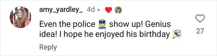 Comment on birthday surprise with police emoji, showing support for sports car event.