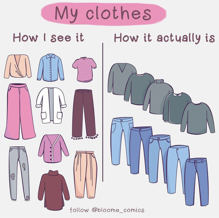 Relatable comic by Bored Panda shows how clothing variety is perceived versus reality.