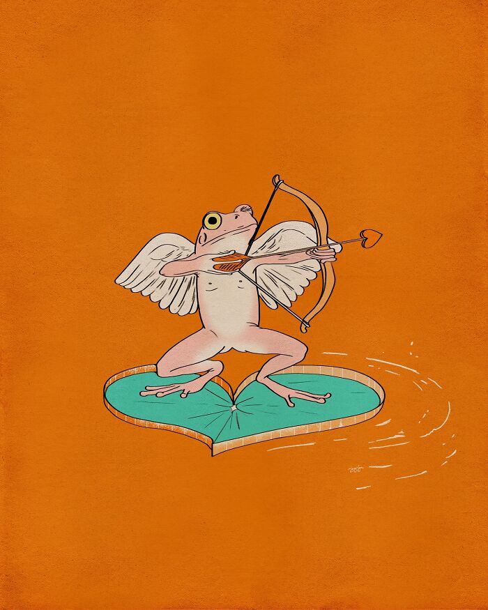 A quirky illustration by María Jesús Contreras of a frog with angel wings on a lily pad, aiming a heart arrow.