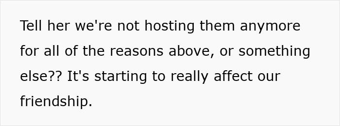 Text discussing hosting concerns affecting friendship, linked to family friends and no gifts policy.