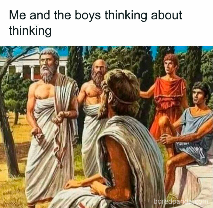 Men in ancient garments discuss philosophy outdoors, reflecting on deep thoughts together.