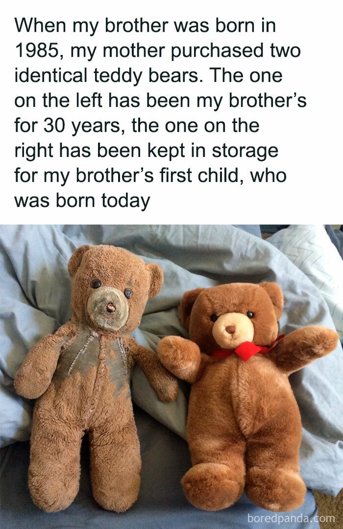 Two teddy bears on a bed; one worn from 30 years of use, the other kept for a new generation. Relatable parenting moment.