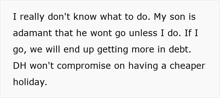 Text expressing concern about mortgage and expensive holiday decision.