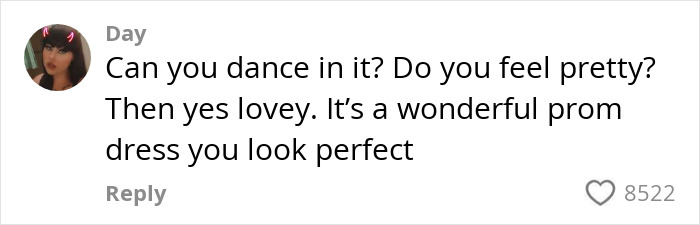 Comment supporting teen's viral prom dress story with positive feedback. Comment supporting teen's viral prom dress story with positive feedback.