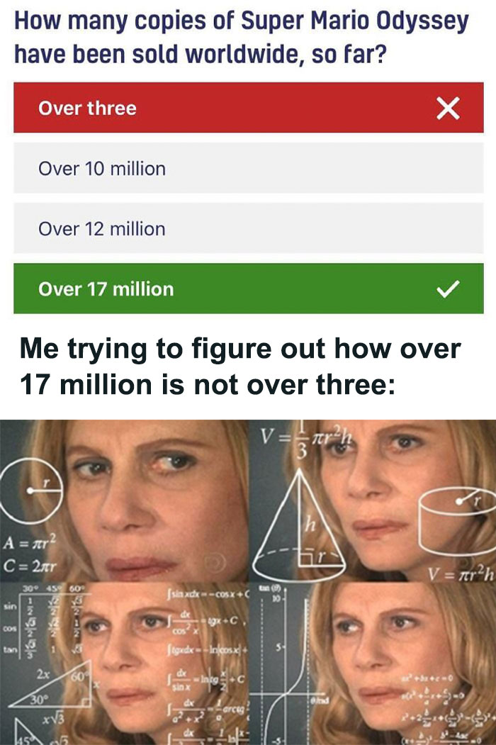 Confused woman meme with physics equations, humorously pondering how 17 million is not over three.