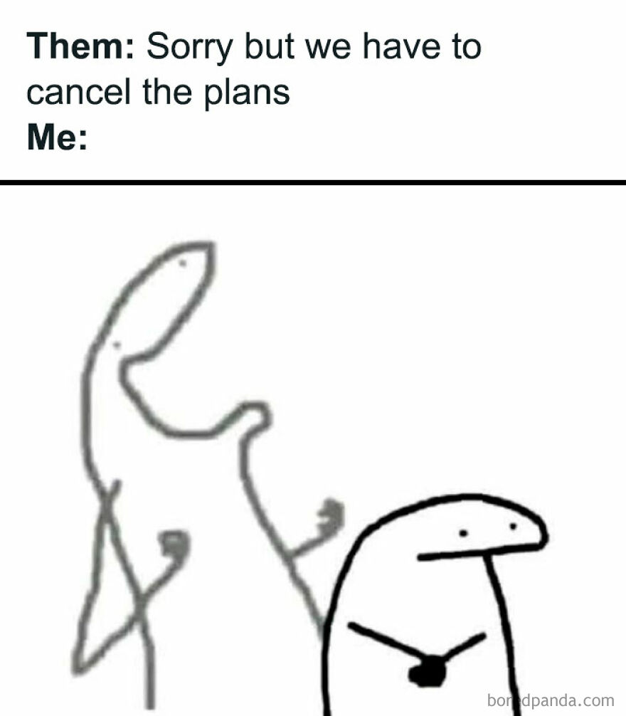 Simple comic illustration of two figures reacting humorously to canceled plans, relating to girl posts memes.