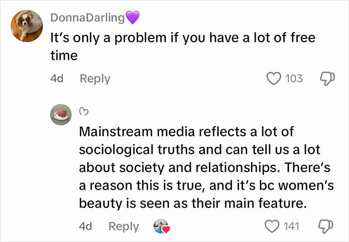 Screenshot of social media comments discussing beauty standards and societal views in fairy tales featuring human female and male beast.