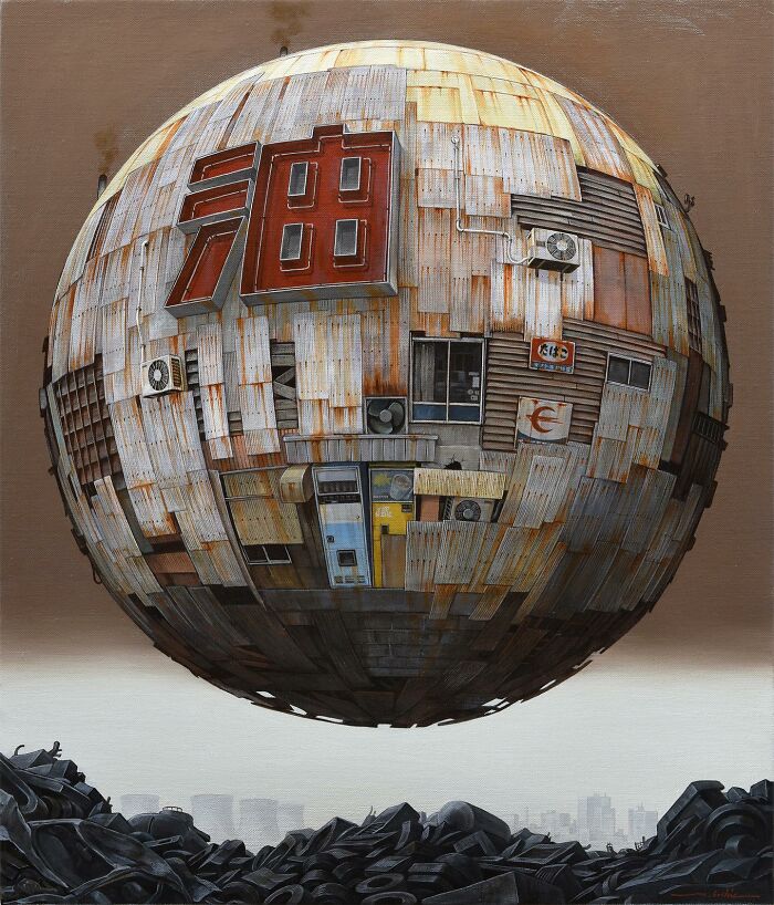 Surreal floating sphere made of rusted metal panels and urban elements representing post-apocalyptic cityscape.