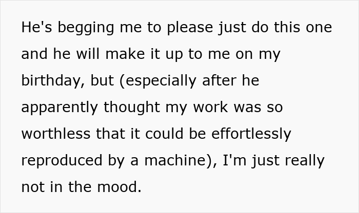 Text expressing frustration over being asked to draw portraits, undervaluing art compared to AI.