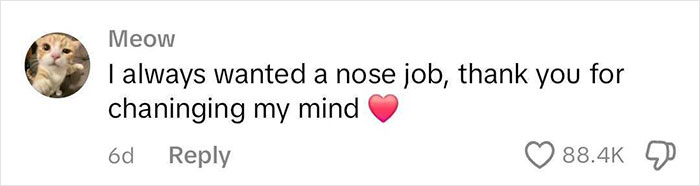 Comment on nose job, expressing gratitude for changing perspective, with a cat avatar and heart emoji.
