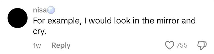 Social media comment on botched nose job video, stating: "For example, I would look in the mirror and cry.