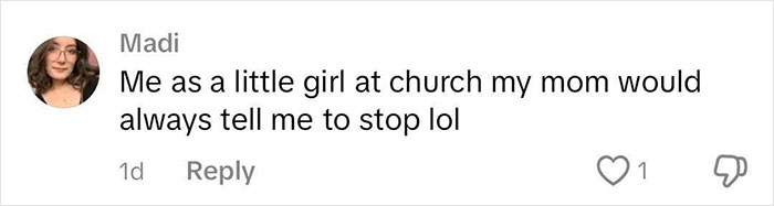 Comment from user "Madi" reminiscing about behavior as a little girl at church. Comment from user "Madi" reminiscing about behavior as a little girl at church.