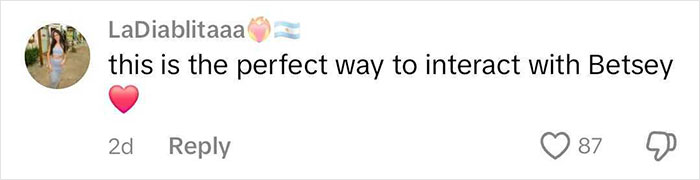 Comment praising interaction with Betsey on social media, showing 87 likes and a heart emoji. Comment praising interaction with Betsey on social media, showing 87 likes and a heart emoji.