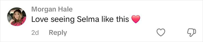Comment praising Selma's amazing personality with love emoji. Comment praising Selma's amazing personality with love emoji.
