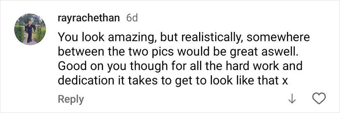 Comment praising the singer's physique transformation, acknowledging hard work while suggesting a balanced look is ideal.