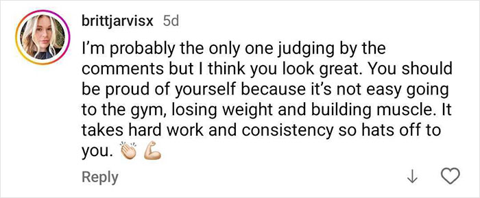 Comment praising singer's physique transformation, highlighting weight loss, muscle building, and dedication amid debate.