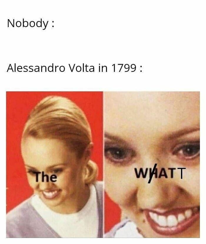 Woman reacting with emphasis on word "WATT," referencing physics in a humorous meme.