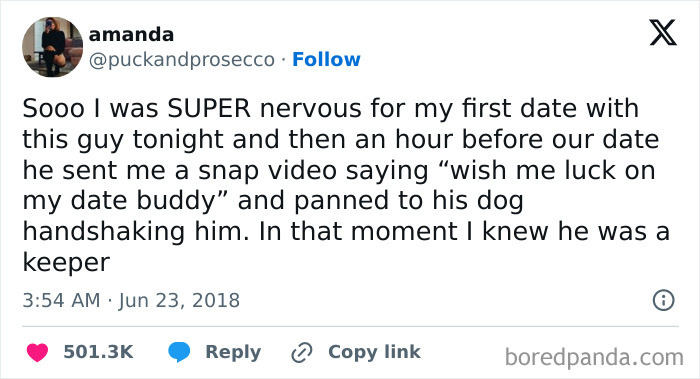 Tweet meme about love: a woman describes her date sending a funny video showing his dog wishing him luck.
