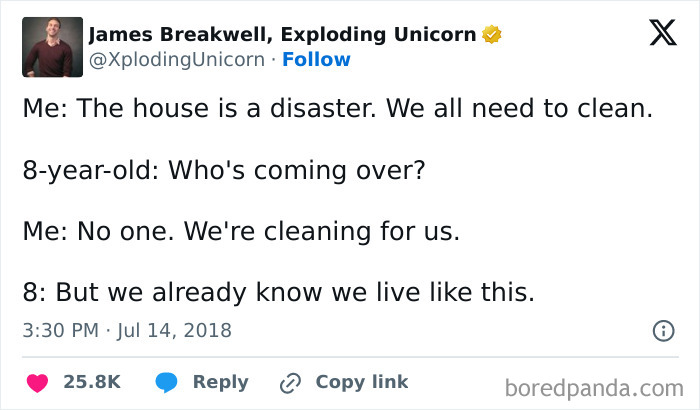Tweet shows a humorous conversation about cleaning between a parent and an eight-year-old.
