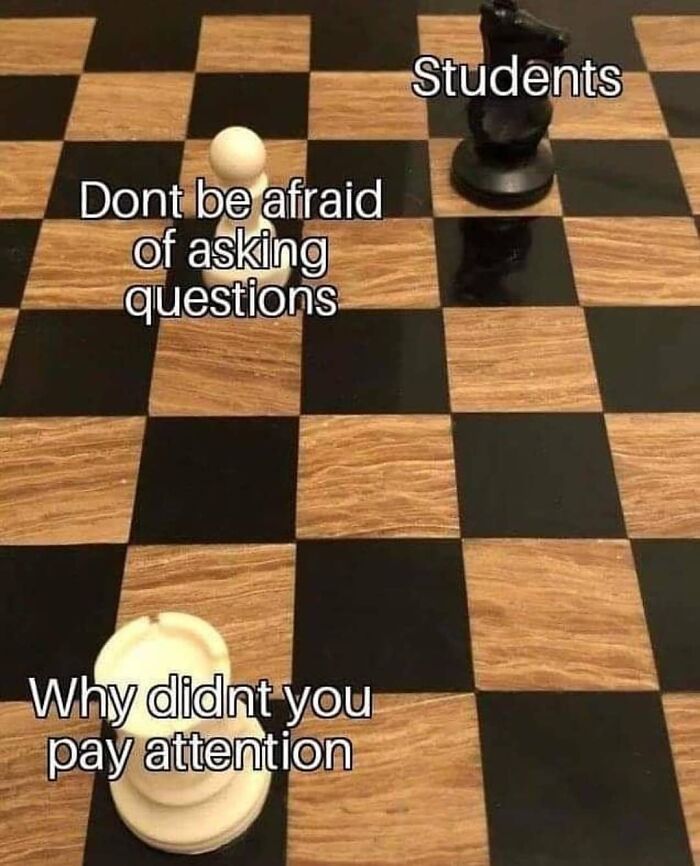 Chess board meme with a white p**n labeled "Don't be afraid of asking questions" facing a knight labeled "Students."