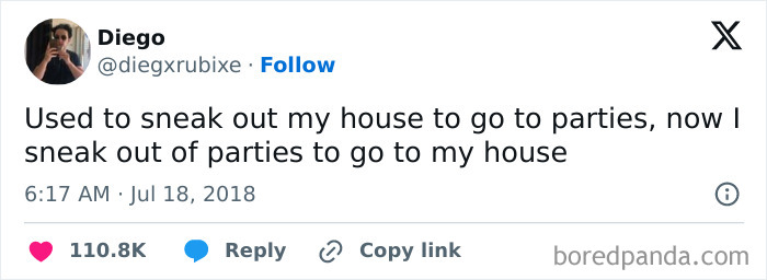 Tweet about sneaking out of parties to go home, illustrating a funny meme relatable to people who struggle with anxiety.