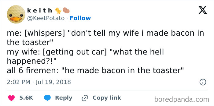 Tweet about making bacon in the toaster, with wife and firemen reacting, highlighting sarcasm and humor.
