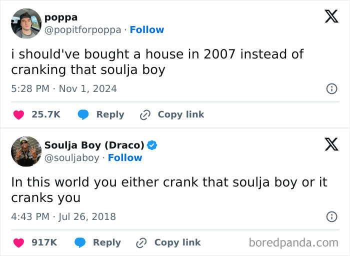 Two tweets about life choices involving cranking Soulja Boy, resonating with the Avocado Generation.