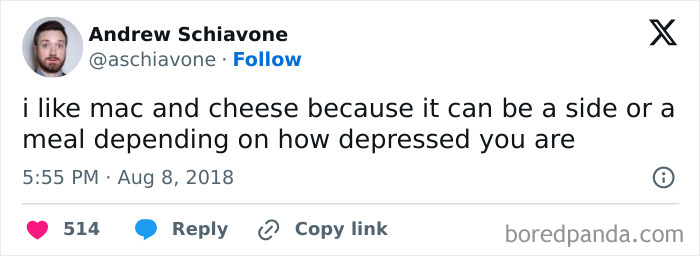 Tweet about mac and cheese humor, mentioning its versatility as a side or meal based on mood.