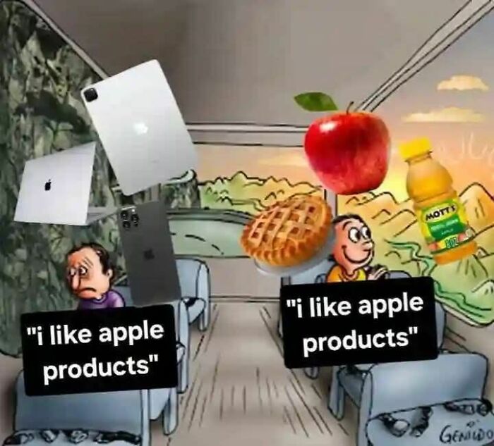 Two cartoon characters on a bus with floating Apple products and food illustrating funny memes about Apple fans.