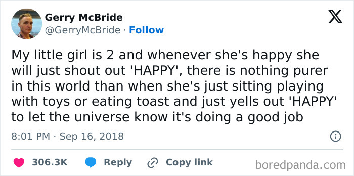 A funny tweet about a two-year-old shouting 'HAPPY' when she's joyful, highlighting pure moments.