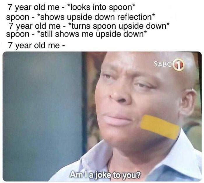 Confused child looking at spoon reflection meme about physics concepts.