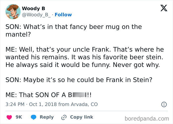 Parenting meme about a son’s funny pun on his uncle Frank's remains in a beer stein.