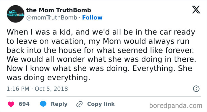 Parenting meme from Mom TruthBomb's Instagram about relatable moments during family vacations.