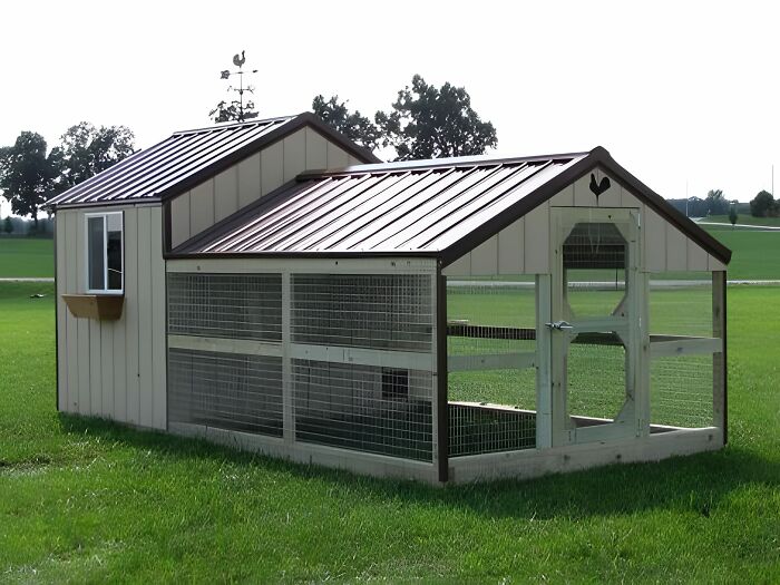 Wooden chicken coop with metal roof and wire mesh enclosure set on green grass in an open field, showcasing woodworking ideas.