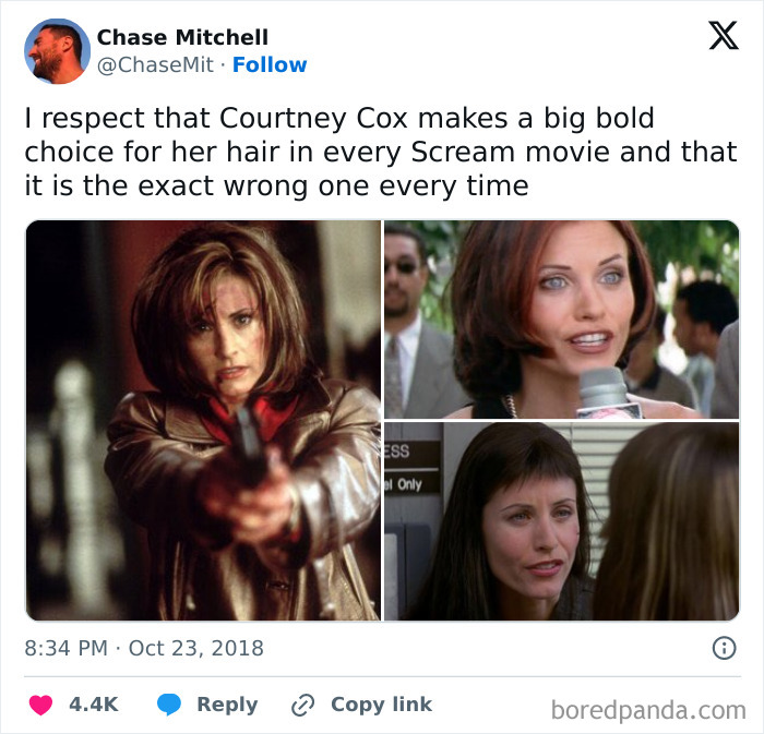 Millennial humor meme about Courtney C*x’s bold hair choices in Scream movies, showcasing three different hairstyles.