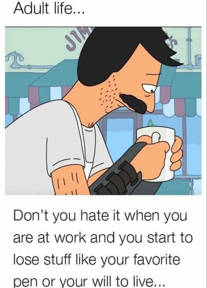Cartoon man at work looking tired and sipping from a mug, a funny meme about adult life and work stress for memes SEO.