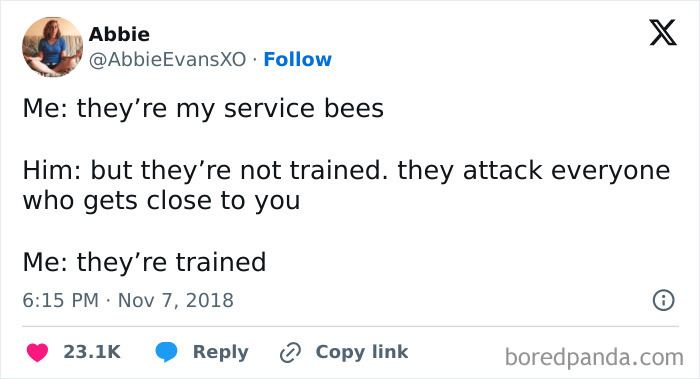 A humorous anti-social meme featuring a conversation about trained service bees attacking people.
