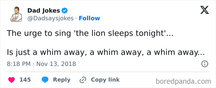 Tweet from Dad Jokes account featuring a humorous meme about the urge to sing The Lion Sleeps Tonight.
