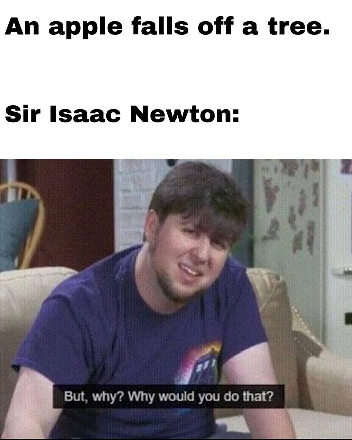 Man humorously questioning apple falling, referencing Isaac Newton; a smart physics meme.