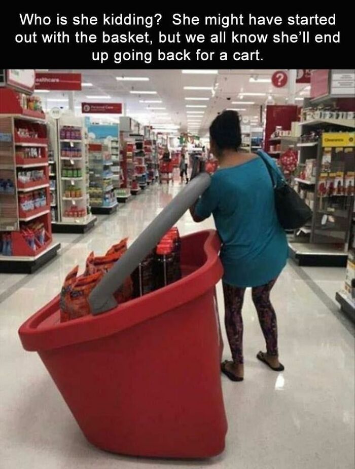Woman in a store pushing a giant basket instead of a cart, a funny meme representing shopping humor and relatable moments.