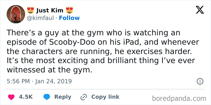 Millennial humor meme about a guy exercising harder when Scooby-Doo characters run on his iPad at the gym.