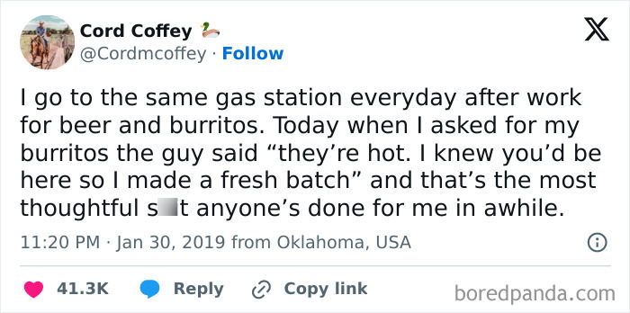 Funny meme about a gas station clerk preparing fresh burritos for a regular customer.