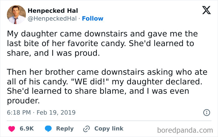 Parenting meme from ‘How To Be A Dad’ account shows humorous tweet about kids learning to share and take blame.