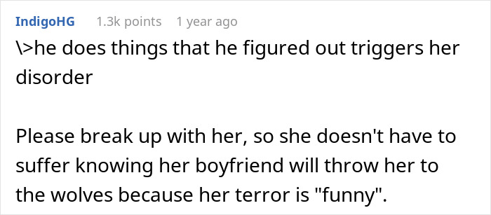 Text exchange discussing a man's family wanting him to break up with his girlfriend after a prank.